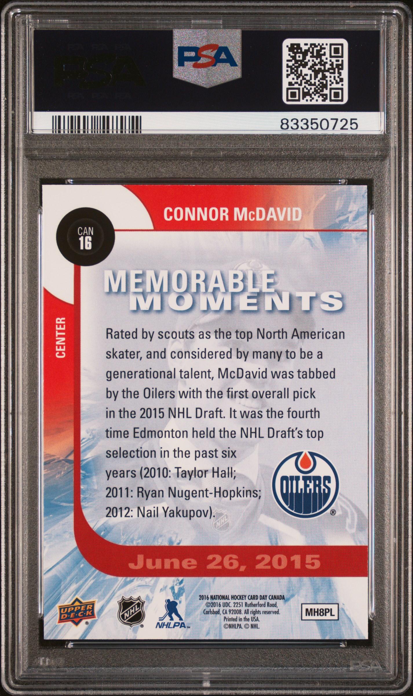 Connor McDavid 2016-17 Upper Deck National Hockey Card Day Canada #CAN16 RC (PSA 9) at PristineAuction.com Connor McDavid 2016-17 Upper Deck National Hockey Card Day Canada #CAN16 RC (PSA 9) at PristineAuction.com