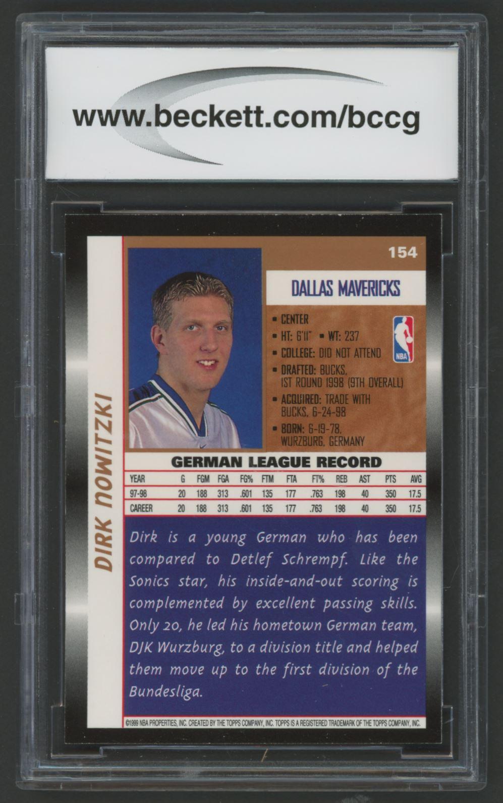 Dirk Nowitzki 1998-99 Topps #154 RC (BCCG 10) at PristineAuction.com Dirk Nowitzki 1998-99 Topps #154 RC (BCCG 10) at PristineAuction.com