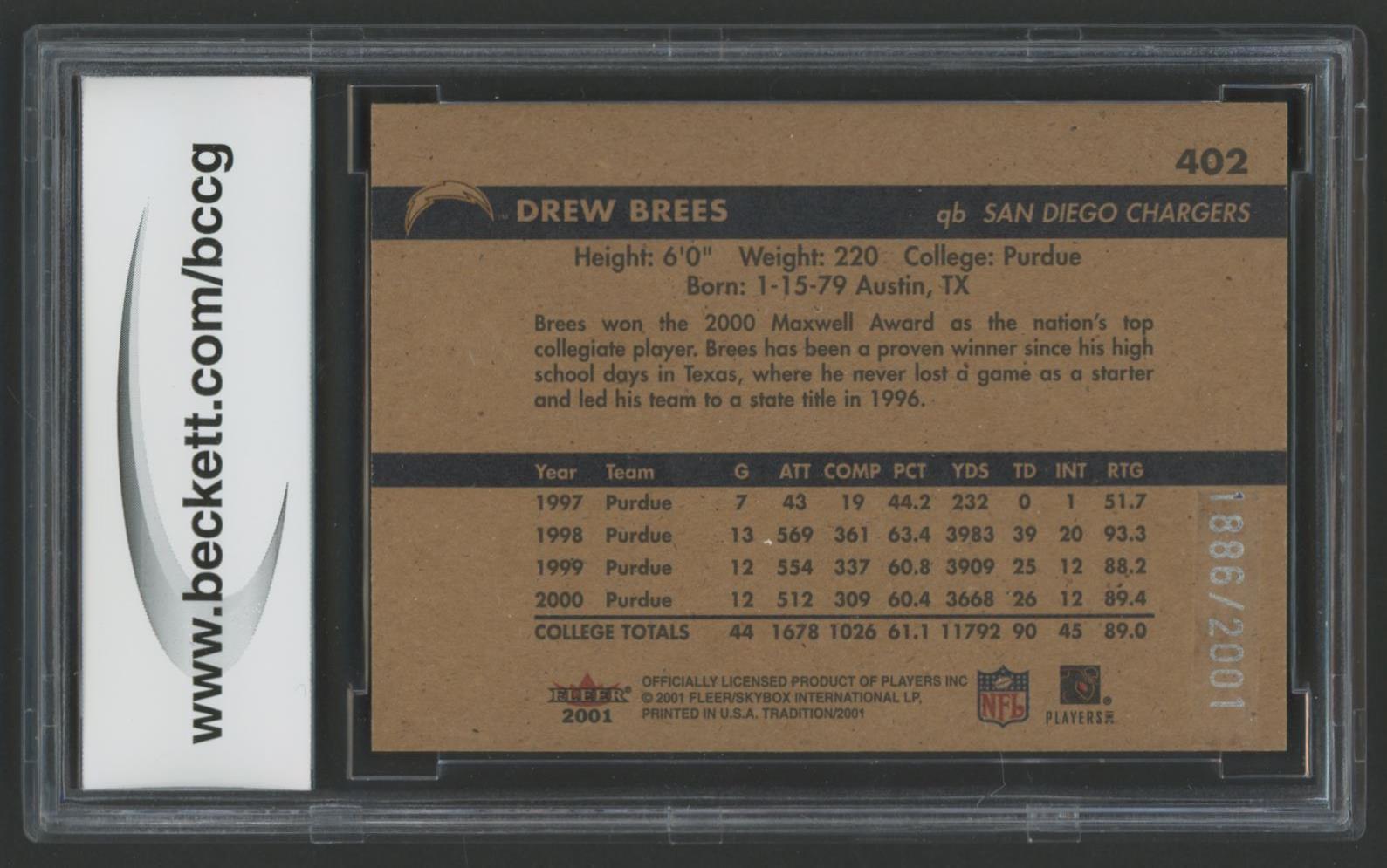 Drew Brees 2001 Fleer Tradition Glossy #402 #1886/2001 RC (BCCG 9) at PristineAuction.com Drew Brees 2001 Fleer Tradition Glossy #402 #1886/2001 RC (BCCG 9) at PristineAuction.com