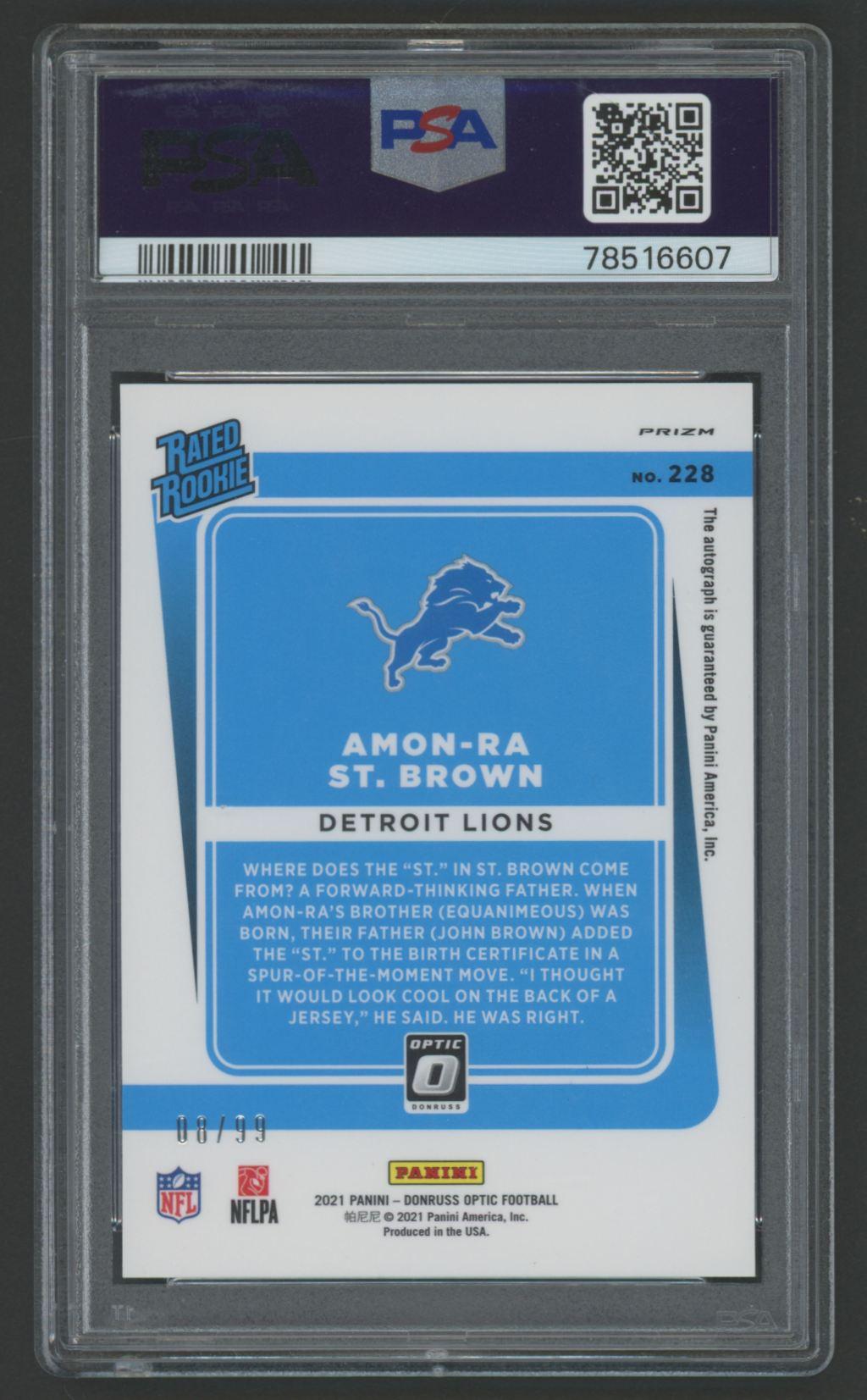 Amon-Ra St. Brown 2021 Donruss Optic Autograph Blue #228 #8/99 (PSA 9) at PristineAuction.com Amon-Ra St. Brown 2021 Donruss Optic Autograph Blue #228 #8/99 (PSA 9) at PristineAuction.com