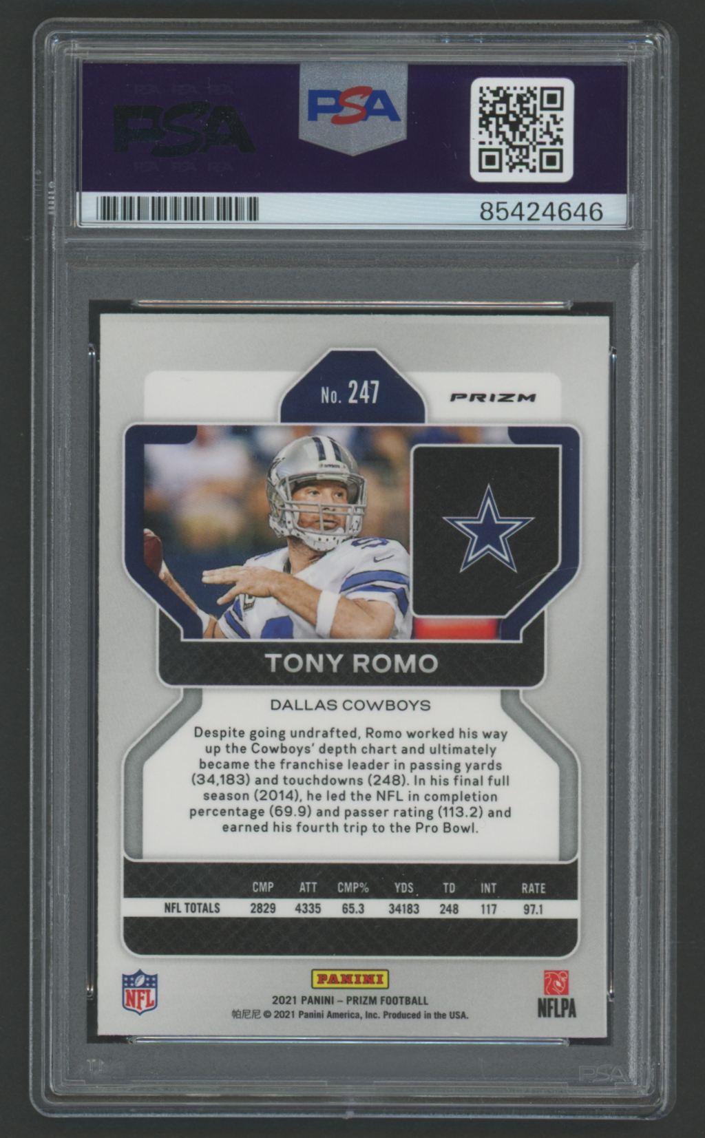 Tony Romo Signed 2021 Panini Prizm Light Blue #247 (PSA) at PristineAuction.com Tony Romo Signed 2021 Panini Prizm Light Blue #247 (PSA) at PristineAuction.com