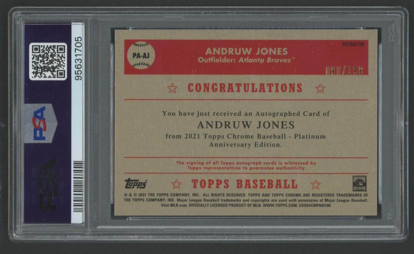 Andruw Jones 2021 Topps Chrome Platinum Anniversary Autograph Refractor #AJ #90/199 (PSA 9) at PristineAuction.com Andruw Jones 2021 Topps Chrome Platinum Anniversary Autograph Refractor #AJ #90/199 (PSA 9) at PristineAuction.com