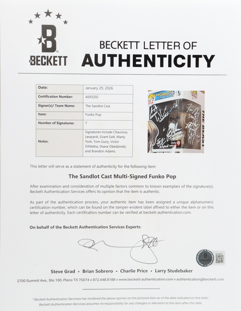 "The Sandlot" | #571 The Beast Funko Pop! Vinyl Figure Cast-Signed by (7) with Chauncey Leopardi, Grant Gelt, Marty York, Tom Guiry (Beckett) at PristineAuction.com "The Sandlot" | #571 The Beast Funko Pop! Vinyl Figure Cast-Signed by (7) with Chauncey Leopardi, Grant Gelt, Marty York, Tom Guiry (Beckett) at PristineAuction.com