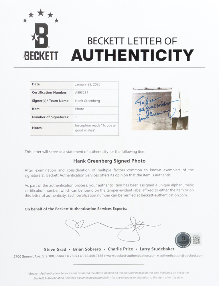 Hank Greenberg Signed 8x10 Photo Inscribed "All Good Wishes" (Beckett) at PristineAuction.com Hank Greenberg Signed 8x10 Photo Inscribed "All Good Wishes" (Beckett) at PristineAuction.com