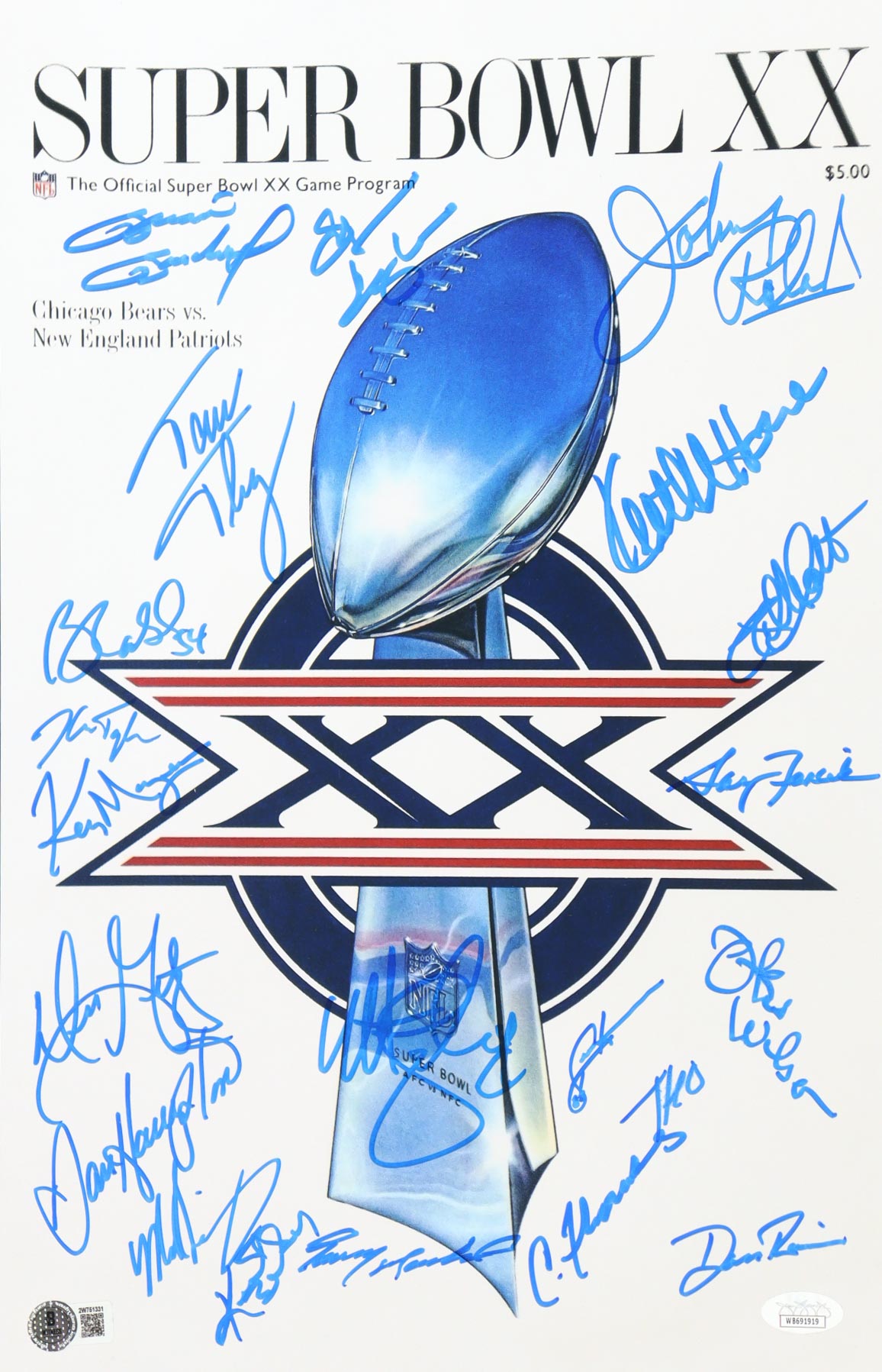 1985 Bears Super Bowl XX 11x17 Photo Team-Signed By (21) with Dan Hampton, Mike Singletary, Tom Thayer, Matt Suhey (Beckett & JSA) at PristineAuction.com 1985 Bears Super Bowl XX 11x17 Photo Team-Signed By (21) with Dan Hampton, Mike Singletary, Tom Thayer, Matt Suhey (Beckett & JSA) at PristineAuction.com