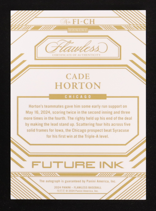 Cade Horton 2024 Panini Flawless Future Ink #FI-CH RC #18/20 at PristineAuction.com Cade Horton 2024 Panini Flawless Future Ink #FI-CH RC #18/20 at PristineAuction.com