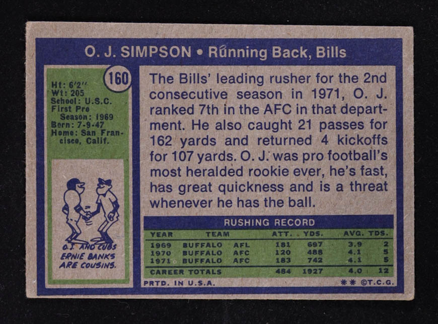 O.J. Simpson 1972 Topps #160 at PristineAuction.com O.J. Simpson 1972 Topps #160 at PristineAuction.com