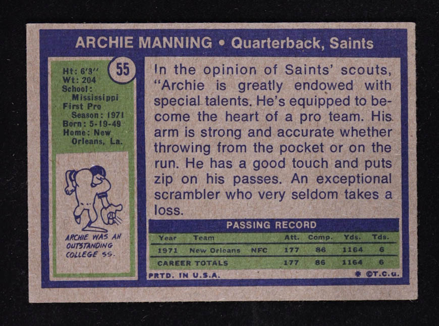 Archie Manning 1972 Topps #55 RC at PristineAuction.com Archie Manning 1972 Topps #55 RC at PristineAuction.com