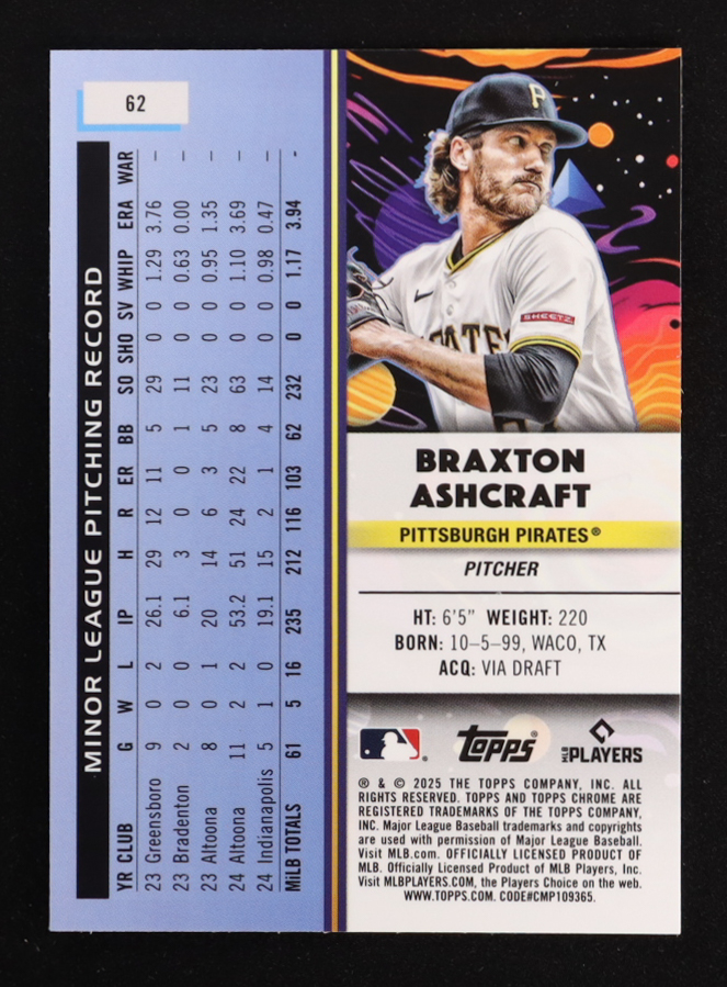 Braxton Ashcraft 2025 Topps Chrome Cosmic #62 RC at PristineAuction.com Braxton Ashcraft 2025 Topps Chrome Cosmic #62 RC at PristineAuction.com
