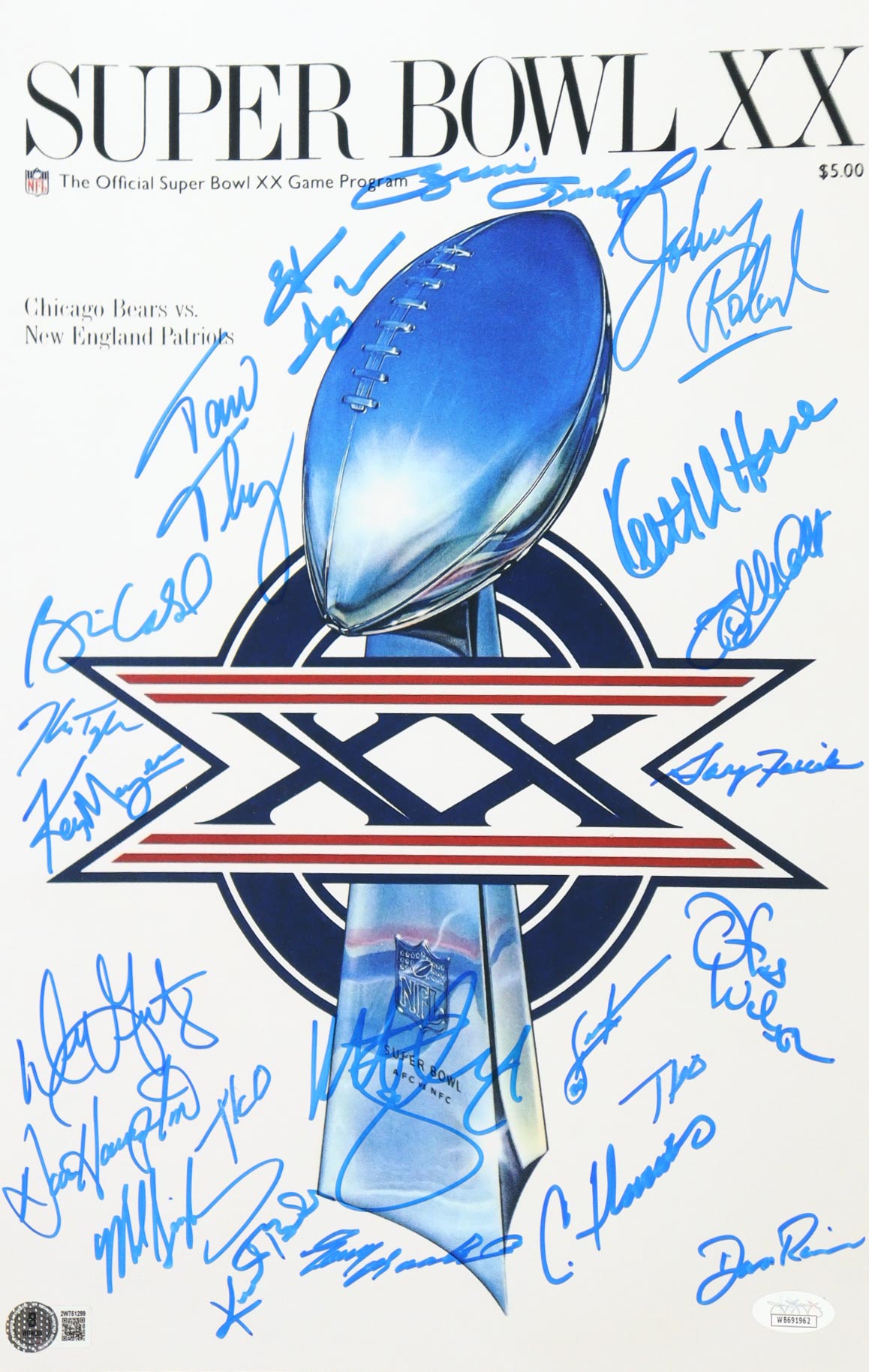 1985 Bears Super Bowl XX 11x17 Photo Team-Signed By (21) with Dan Hampton, Mike Singletary, Tom Thayer, Matt Suhey (Beckett & JSA) at PristineAuction.com 1985 Bears Super Bowl XX 11x17 Photo Team-Signed By (21) with Dan Hampton, Mike Singletary, Tom Thayer, Matt Suhey (Beckett & JSA) at PristineAuction.com