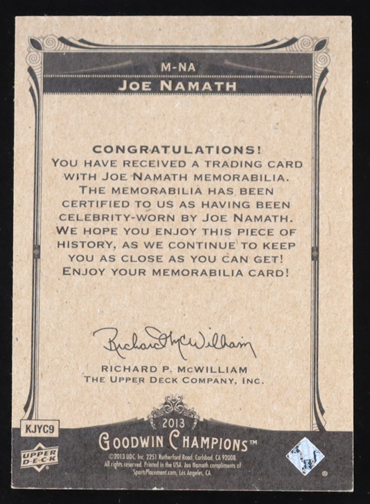 Joe Namath 2013 Upper Deck Goodwin Champions Memorabilia #MNA at PristineAuction.com Joe Namath 2013 Upper Deck Goodwin Champions Memorabilia #MNA at PristineAuction.com