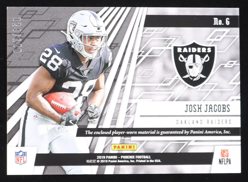 Josh Jacobs 2019 Panini Phoenix Rookie Premiere Jumbo Memorabilia #6 #24/100 RC at PristineAuction.com Josh Jacobs 2019 Panini Phoenix Rookie Premiere Jumbo Memorabilia #6 #24/100 RC at PristineAuction.com