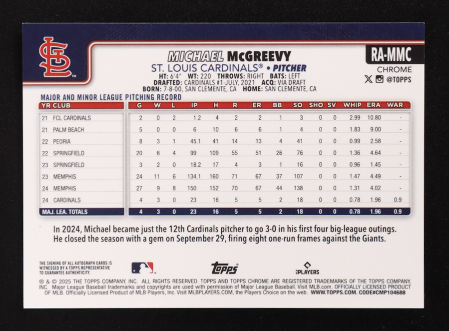 Michael McGreevy 2025 Topps Chrome Refractor Auto #RA-MMC RC at PristineAuction.com Michael McGreevy 2025 Topps Chrome Refractor Auto #RA-MMC RC at PristineAuction.com