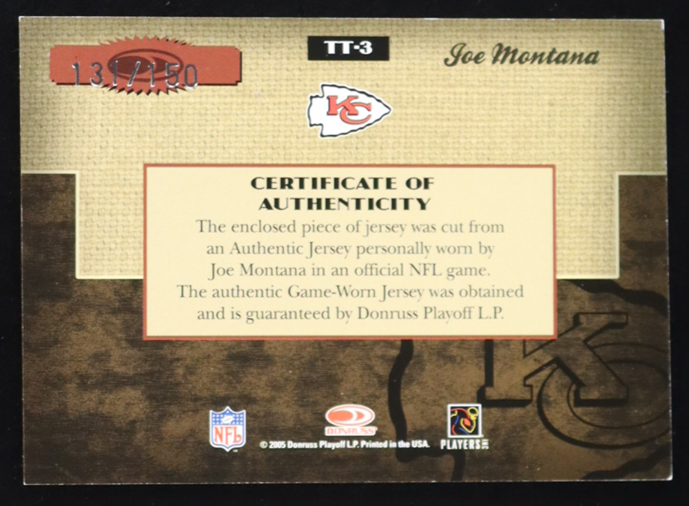 Joe Montana 2005 Donruss Elite Throwback Threads #TT3 #131/150 at PristineAuction.com Joe Montana 2005 Donruss Elite Throwback Threads #TT3 #131/150 at PristineAuction.com