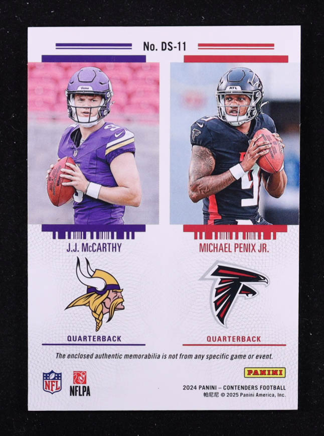 JJ McCarthy / Michael Penix Jr. 2024 Panini Contenders Rookie Ticket Dual Swatches #11 RC at PristineAuction.com JJ McCarthy / Michael Penix Jr. 2024 Panini Contenders Rookie Ticket Dual Swatches #11 RC at PristineAuction.com