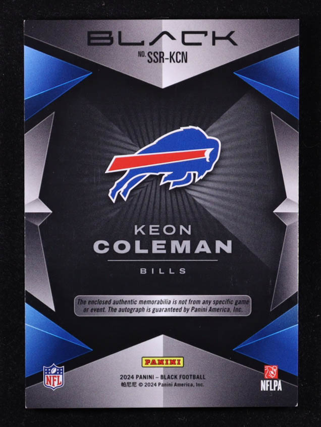 Keon Coleman 2024 Panini Black Sizeable Rookie Jersey Signatures Royal #10 #38/50 RC at PristineAuction.com Keon Coleman 2024 Panini Black Sizeable Rookie Jersey Signatures Royal #10 #38/50 RC at PristineAuction.com