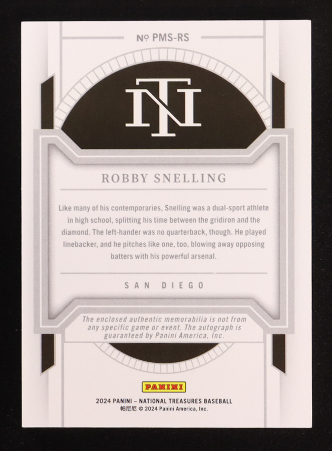 Robby Snelling 2024 Panini National Treasures Prospect Material Signatures #PMS-RS RC #11/25 at PristineAuction.com Robby Snelling 2024 Panini National Treasures Prospect Material Signatures #PMS-RS RC #11/25 at PristineAuction.com