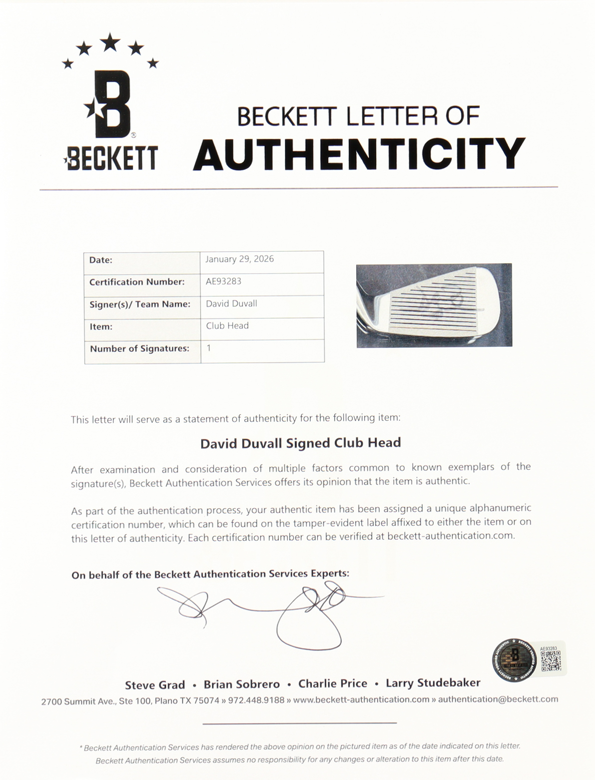 David Duval Signed Custom Framed Gold Club Head Display (Beckett) at PristineAuction.com David Duval Signed Custom Framed Gold Club Head Display (Beckett) at PristineAuction.com