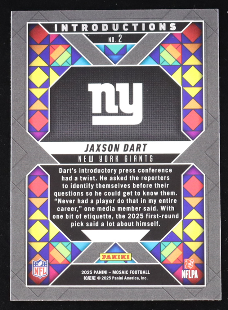 Jaxson Dart 2025 Panini Mosaic Introductions Silver #2 RC at PristineAuction.com Jaxson Dart 2025 Panini Mosaic Introductions Silver #2 RC at PristineAuction.com