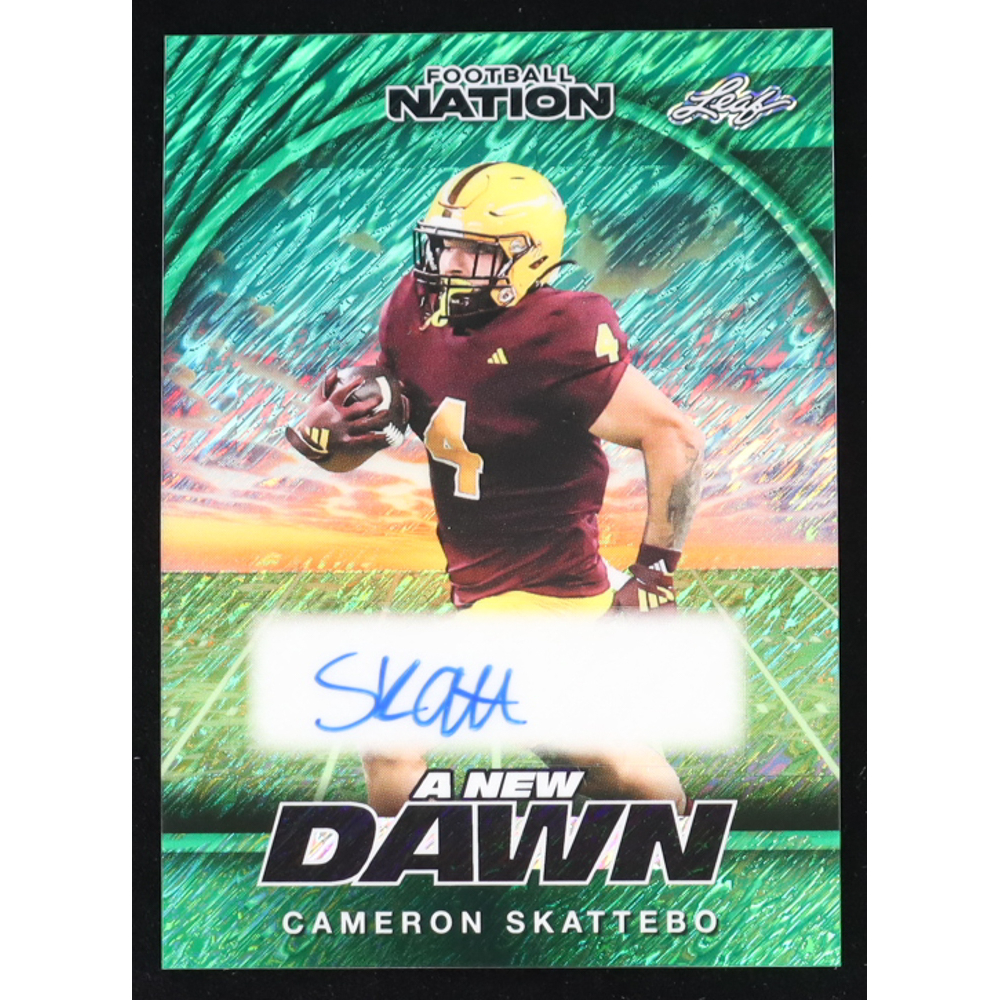 Cameron Skattebo 2025 Leaf Football National A New Dawn Autographs Green Shimmer #NACS1 #2/5 RC at PristineAuction.com