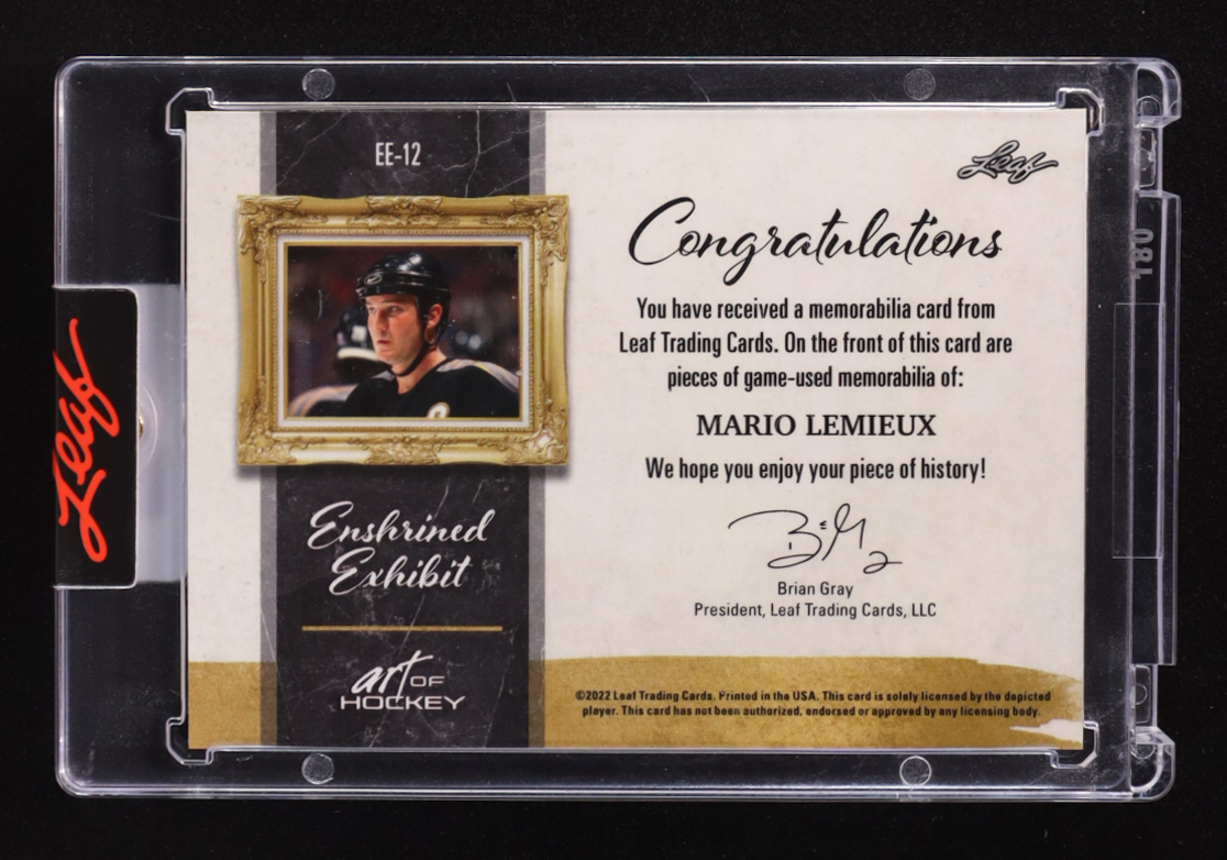 Mario Lemieux 2022 Leaf Art of Hockey Enshrined Exhibit Materials Bronze #EE12 #22/35 at PristineAuction.com Mario Lemieux 2022 Leaf Art of Hockey Enshrined Exhibit Materials Bronze #EE12 #22/35 at PristineAuction.com