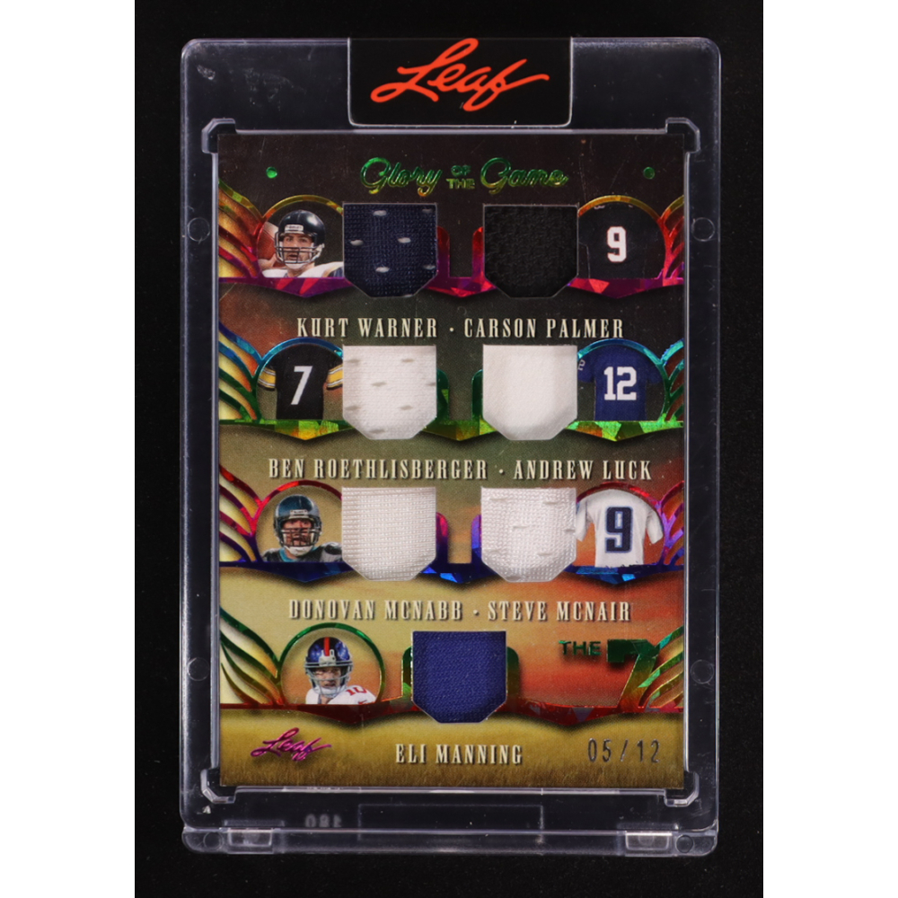 2025 Leaf Glory of the Game The 7 Jerseys Holo Rainbow #T77 #05/12 Kurt Warner / Carson Palmer / Ben Roethlisberger / Andrew Luck / Donovan McNabb / Steve McNair / Eli Manning at PristineAuction.com