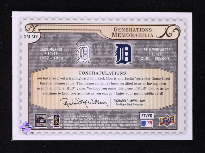 Jack Morris / Justin Verlander 2009 SP Legendary Cuts Generations Dual Memorabilia #GMMV at PristineAuction.com Jack Morris / Justin Verlander 2009 SP Legendary Cuts Generations Dual Memorabilia #GMMV at PristineAuction.com