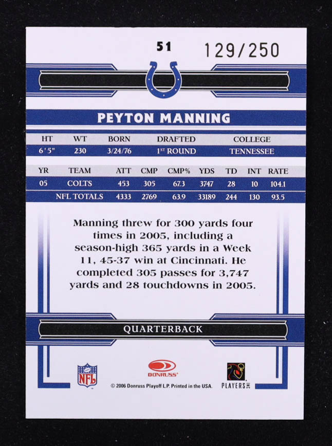 Peyton Manning 2006 Donruss Threads Bronze Holofoil #51 #129/250 at PristineAuction.com Peyton Manning 2006 Donruss Threads Bronze Holofoil #51 #129/250 at PristineAuction.com