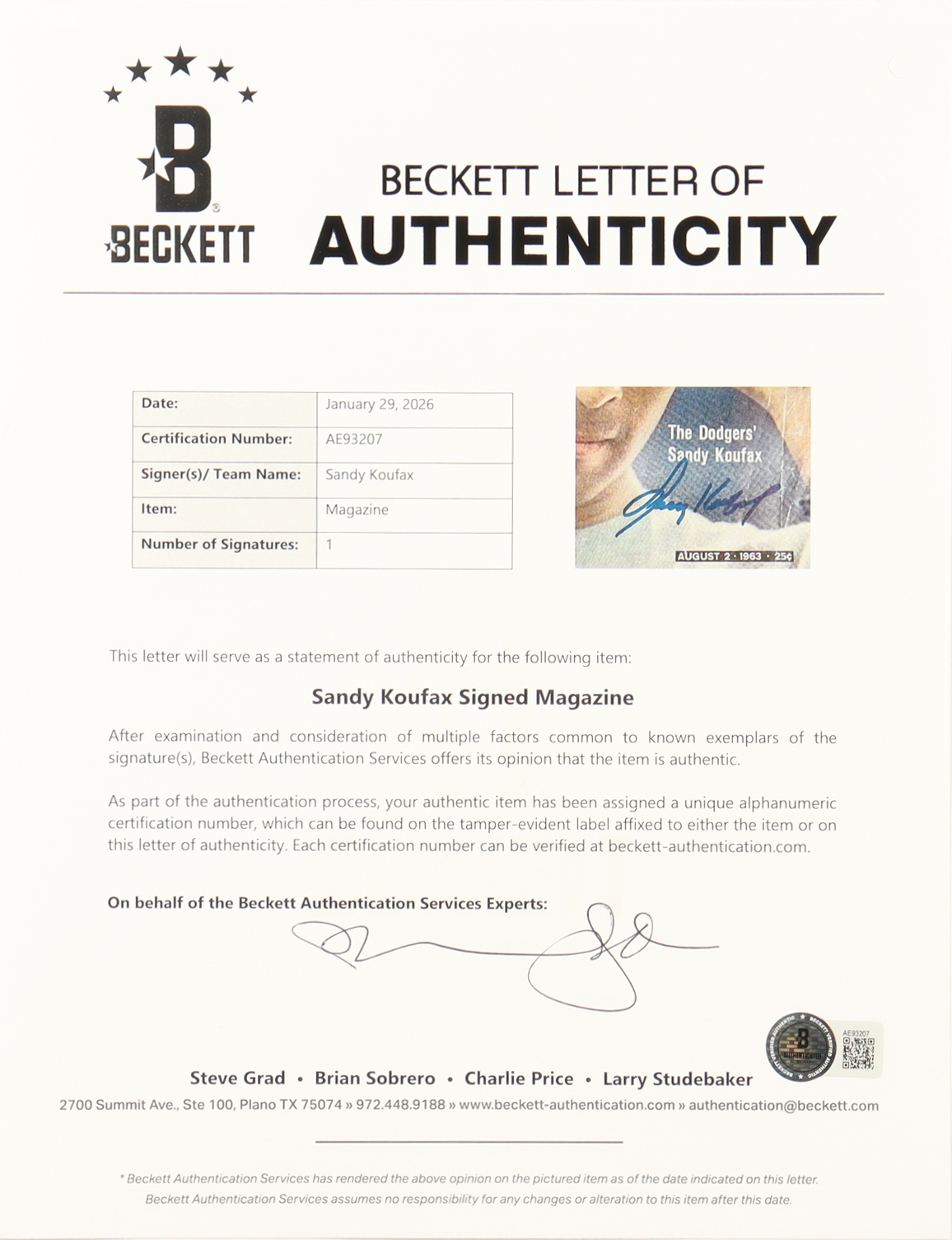 Sandy Koufax Signed 1963 Life Magazine (Beckett) at PristineAuction.com Sandy Koufax Signed 1963 Life Magazine (Beckett) at PristineAuction.com