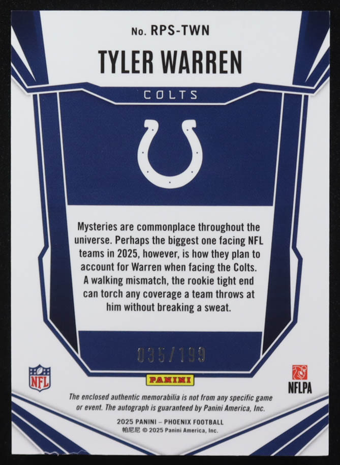 Tyler Warren 2025 Panini Phoenix Rookie Patch Autographs #18 RC #035/199 at PristineAuction.com Tyler Warren 2025 Panini Phoenix Rookie Patch Autographs #18 RC #035/199 at PristineAuction.com