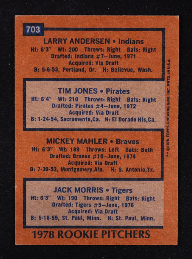 1978 Topps #703 Rookie Pitchers Larry Andersen / Tim Jones / Mickey Mahler / Jack Morris RC DP at PristineAuction.com 1978 Topps #703 Rookie Pitchers Larry Andersen / Tim Jones / Mickey Mahler / Jack Morris RC DP at PristineAuction.com