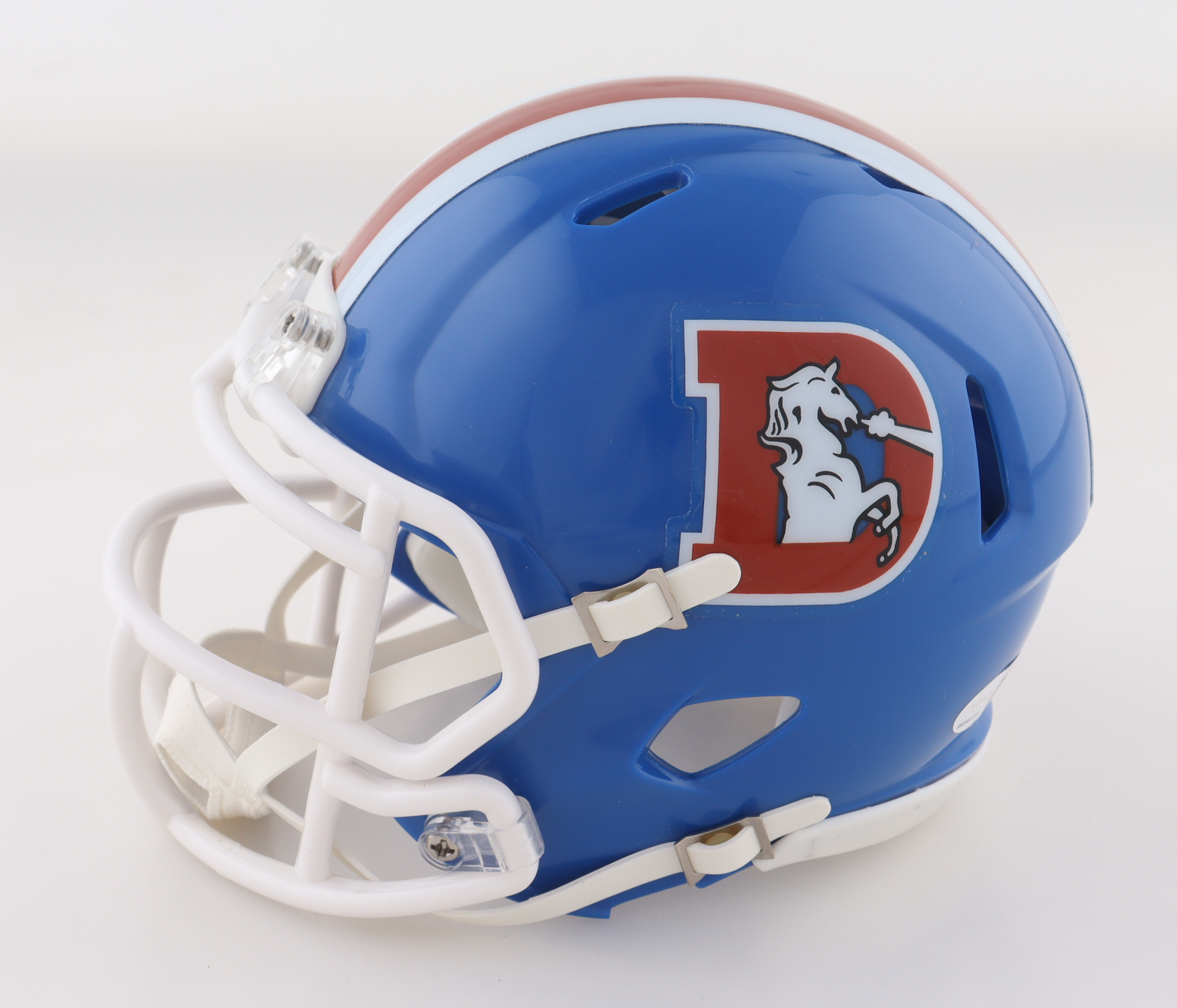 RJ Harvey Signed Broncos Throwback Alternate Speed Mini Helmet Inscribed "MILE HIGH" (JSA) at PristineAuction.com RJ Harvey Signed Broncos Throwback Alternate Speed Mini Helmet Inscribed "MILE HIGH" (JSA) at PristineAuction.com