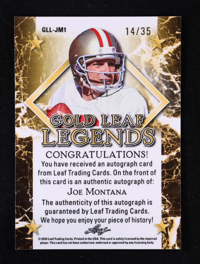Joe Montana 2024 Leaf Joe Montana Legacy Gold Leaf Legend Prismatic Silver #GLLJM1 #14/35 at PristineAuction.com Joe Montana 2024 Leaf Joe Montana Legacy Gold Leaf Legend Prismatic Silver #GLLJM1 #14/35 at PristineAuction.com
