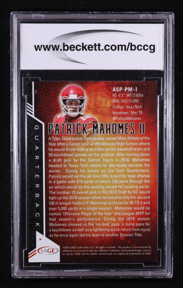 Patrick Mahomes 2019 SAGE Aspire #ASPPM1 (BCCG 10) at PristineAuction.com Patrick Mahomes 2019 SAGE Aspire #ASPPM1 (BCCG 10) at PristineAuction.com