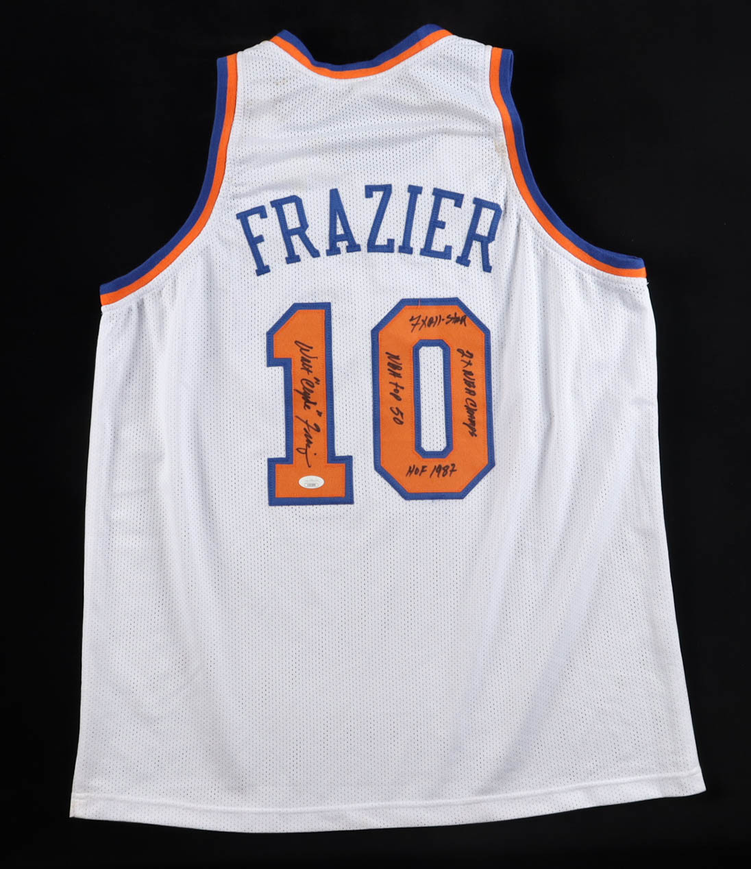 Walt "Clyde" Frazier Signed Jersey Inscribed "NBA Top 50", "7x All-Star", "2x NBA Champs", & "HOF 1987" (JSA) at PristineAuction.com Walt "Clyde" Frazier Signed Jersey Inscribed "NBA Top 50", "7x All-Star", "2x NBA Champs", & "HOF 1987" (JSA) at PristineAuction.com