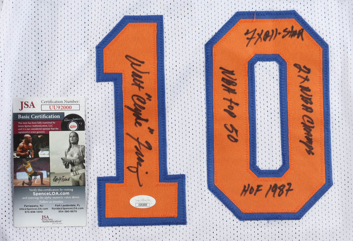 Walt "Clyde" Frazier Signed Jersey Inscribed "NBA Top 50", "7x All-Star", "2x NBA Champs", & "HOF 1987" (JSA) at PristineAuction.com Walt "Clyde" Frazier Signed Jersey Inscribed "NBA Top 50", "7x All-Star", "2x NBA Champs", & "HOF 1987" (JSA) at PristineAuction.com