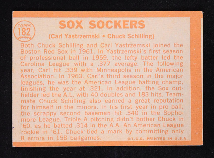 Carl Yastrzemski / Chuck Schilling 1964 Topps #182 Sox Sockers at PristineAuction.com Carl Yastrzemski / Chuck Schilling 1964 Topps #182 Sox Sockers at PristineAuction.com