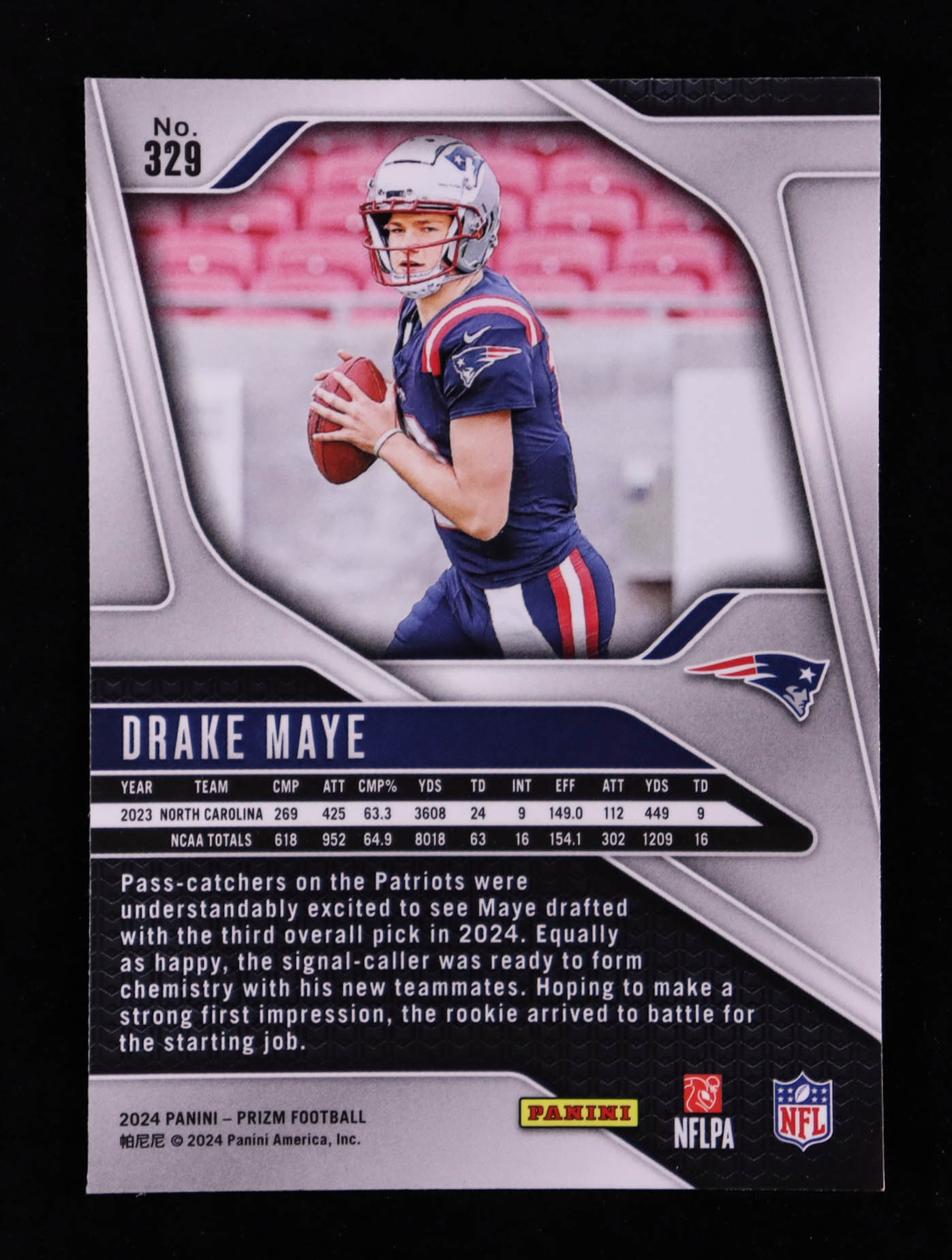 Drake Maye 2024 Panini Prizm #329 RC at PristineAuction.com Drake Maye 2024 Panini Prizm #329 RC at PristineAuction.com