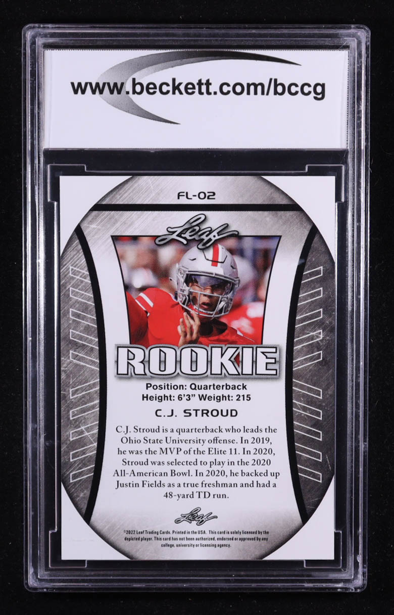 C.J. Stroud 2022 Leaf Special Release Rookie Flag Exclusives #FL02 RC (BCCG 10) at PristineAuction.com C.J. Stroud 2022 Leaf Special Release Rookie Flag Exclusives #FL02 RC (BCCG 10) at PristineAuction.com