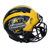 JJ McCarthy, Blake Corum & Roman Wilson Signed Michigan Wolverines 2023 National Champions Logo Full-Size Authentic On-Field Speed Helmet Inscribed "15-0 BET!" (Beckett) at PristineAuction.com