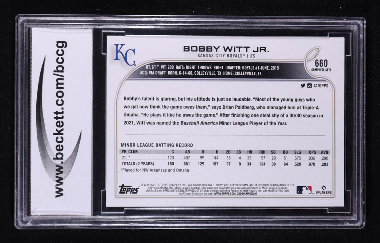 Bobby Witt Jr. 2022 Topps Base Set Photo Variations #660 Factory RC (BCCG 10) at PristineAuction.com Bobby Witt Jr. 2022 Topps Base Set Photo Variations #660 Factory RC (BCCG 10) at PristineAuction.com