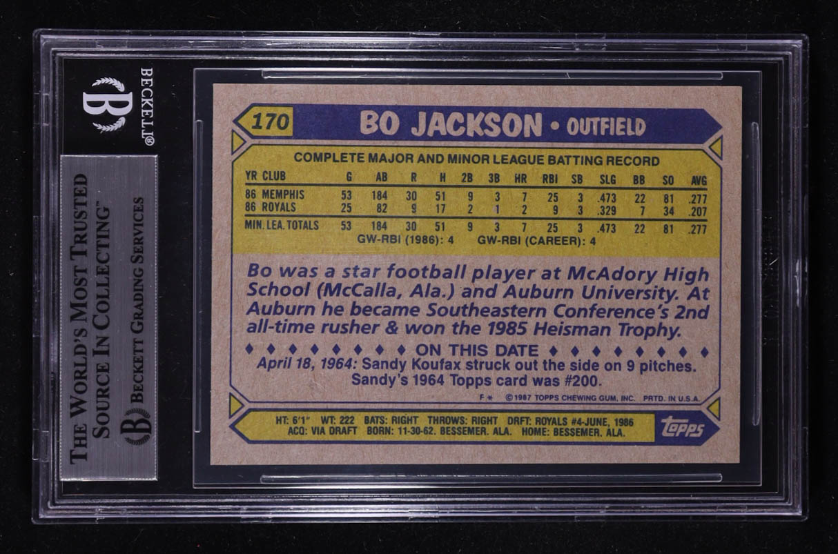Bo Jackson 1987 Topps #170 RC (BGS 9) at PristineAuction.com Bo Jackson 1987 Topps #170 RC (BGS 9) at PristineAuction.com