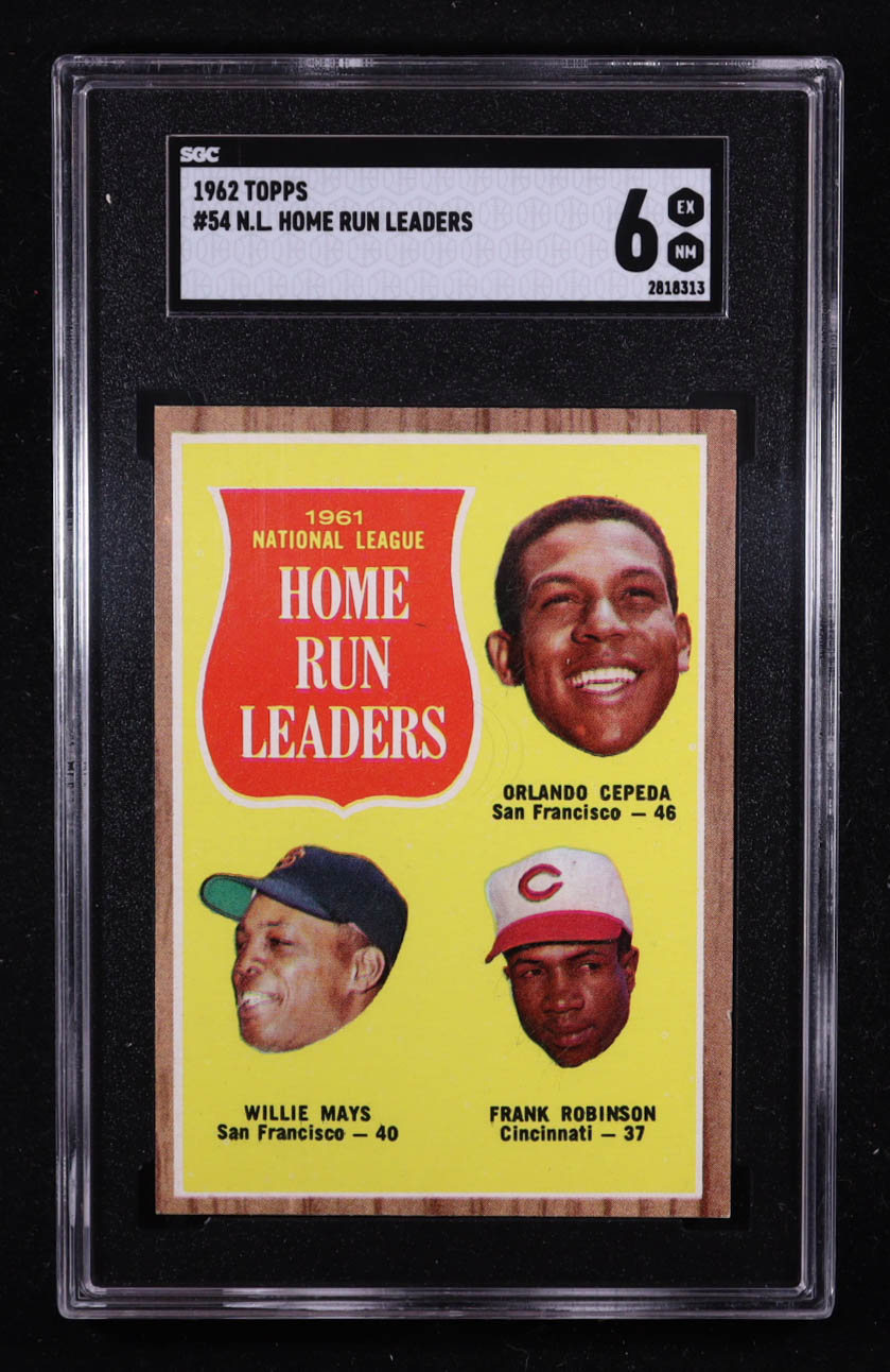 Orlando Cepeda / Willie Mays / Frank Robinson 1962 Topps #54 NL Home Run Leaders (SGC 6) at PristineAuction.com Orlando Cepeda / Willie Mays / Frank Robinson 1962 Topps #54 NL Home Run Leaders (SGC 6) at PristineAuction.com