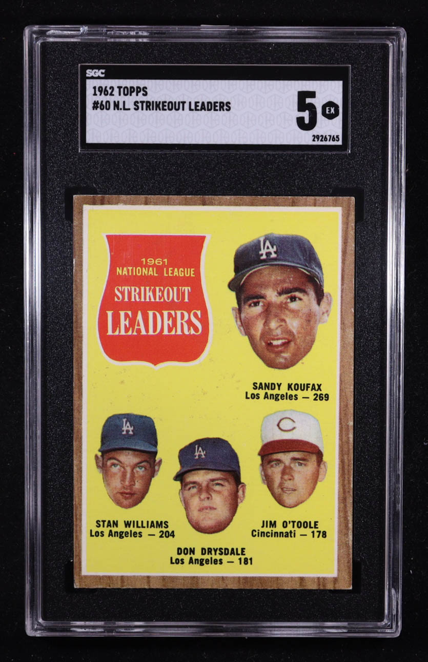 Sandy Koufax / Stan Williams / Don Drysdale / Jim O'Toole 1962 Topps #60 NL Strikeout Leaders (SGC 5) at PristineAuction.com Sandy Koufax / Stan Williams / Don Drysdale / Jim O'Toole 1962 Topps #60 NL Strikeout Leaders (SGC 5) at PristineAuction.com