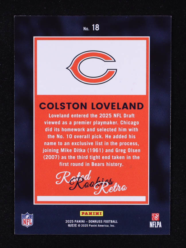 Colston Loveland 2025 Donruss Rated Rookies Retro #18 RC at PristineAuction.com Colston Loveland 2025 Donruss Rated Rookies Retro #18 RC at PristineAuction.com