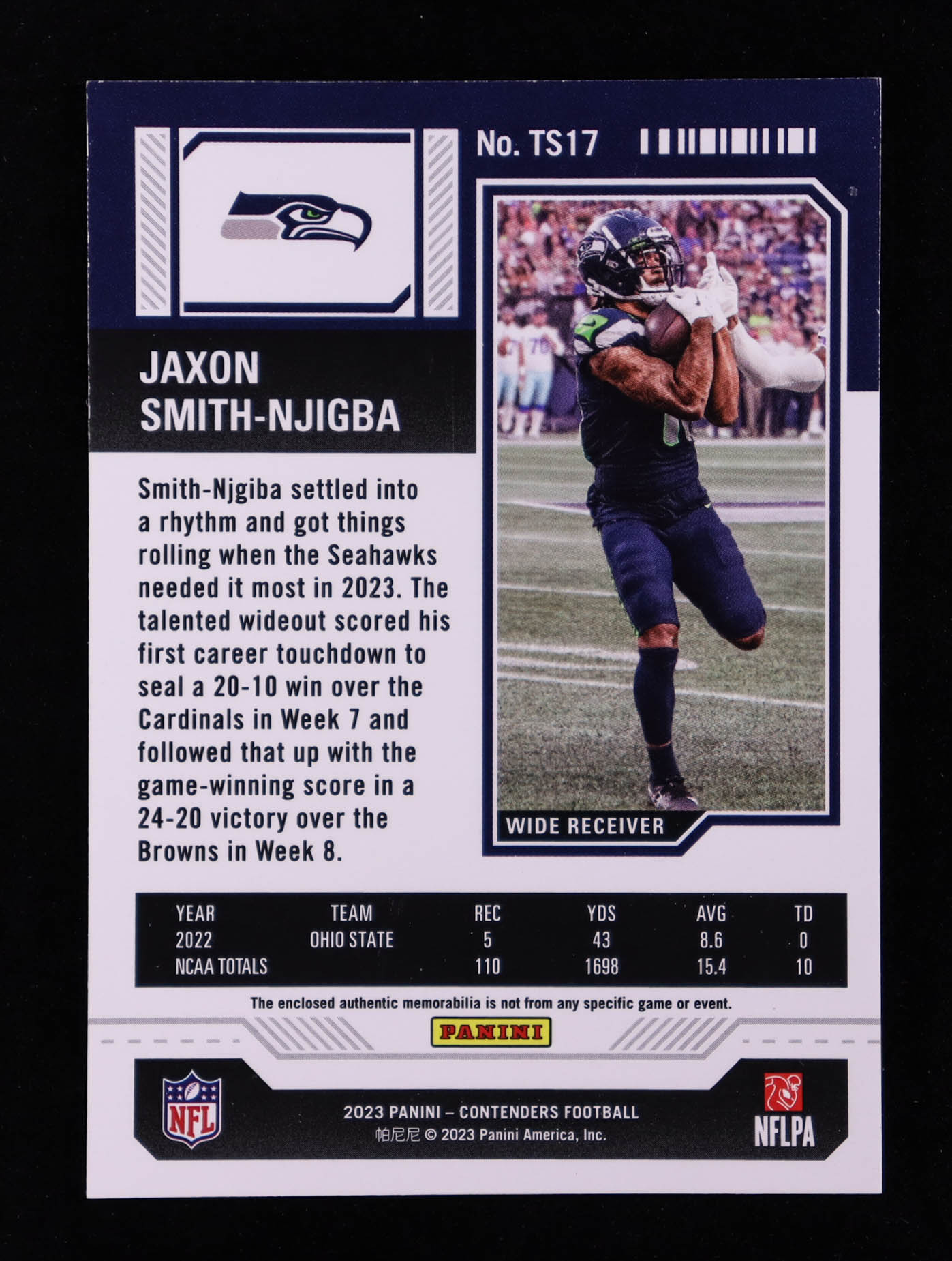 Jaxon Smith-Njigba 2023 Panini Contenders Rookie Ticket Swatches #17 RC at PristineAuction.com Jaxon Smith-Njigba 2023 Panini Contenders Rookie Ticket Swatches #17 RC at PristineAuction.com