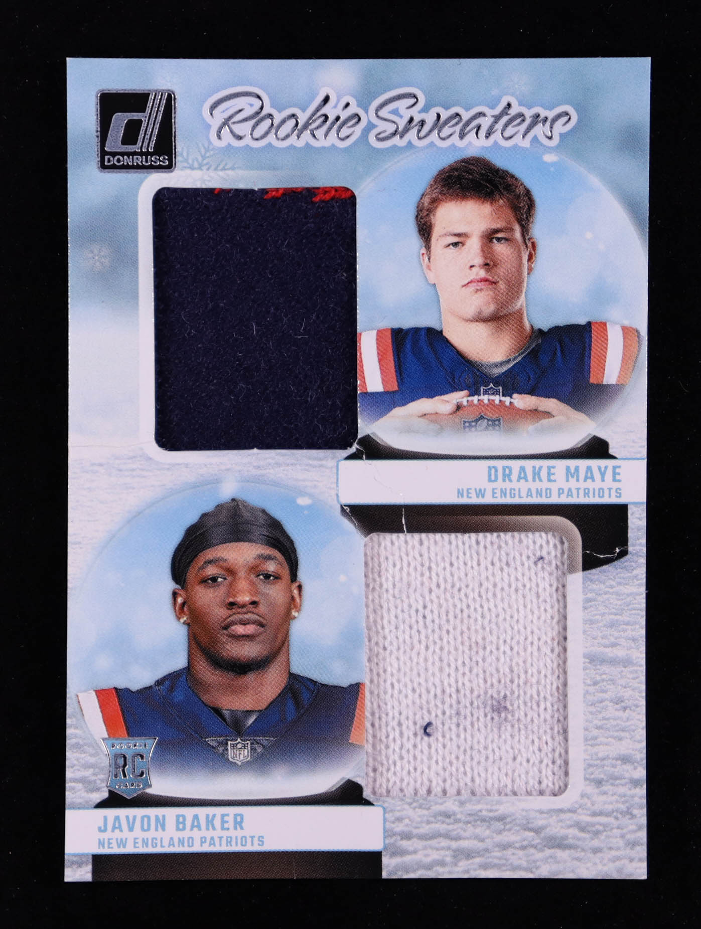 Drake Maye / Javon Baker 2024 Donruss Rookie Holiday Sweater Dual #1 RC at PristineAuction.com Drake Maye / Javon Baker 2024 Donruss Rookie Holiday Sweater Dual #1 RC at PristineAuction.com