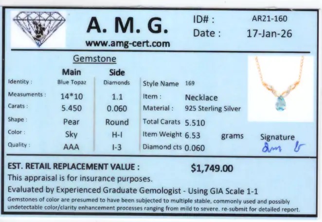 5.51 CTW Natural Blue Topaz & Diamond 18K Gold Plated Designer Necklace Size 19" | Estimated Retail Value: $1,749 (AMG) at PristineAuction.com 5.51 CTW Natural Blue Topaz & Diamond 18K Gold Plated Designer Necklace Size 19" | Estimated Retail Value: $1,749 (AMG) at PristineAuction.com