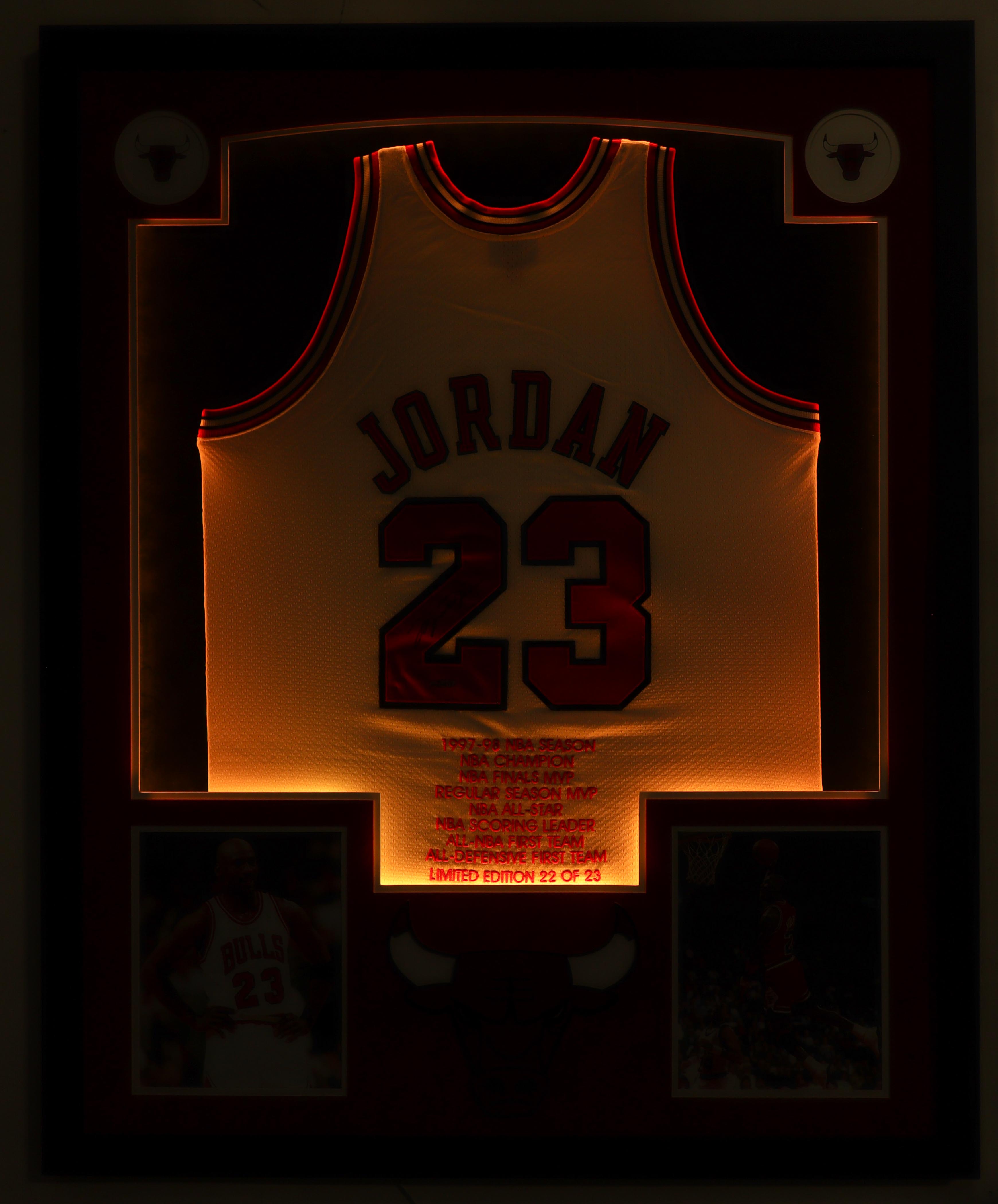 Michael Jordan Signed LE Bulls Custom Framed Authentic Jersey with LED Lighting (UDA & GOAT) at PristineAuction.com Michael Jordan Signed LE Bulls Custom Framed Authentic Jersey with LED Lighting (UDA & GOAT) at PristineAuction.com