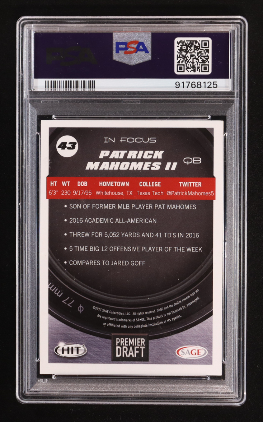Patrick Mahomes II 2017 Sage Hit Premier Draft #43 RC (PSA 9) at PristineAuction.com Patrick Mahomes II 2017 Sage Hit Premier Draft #43 RC (PSA 9) at PristineAuction.com